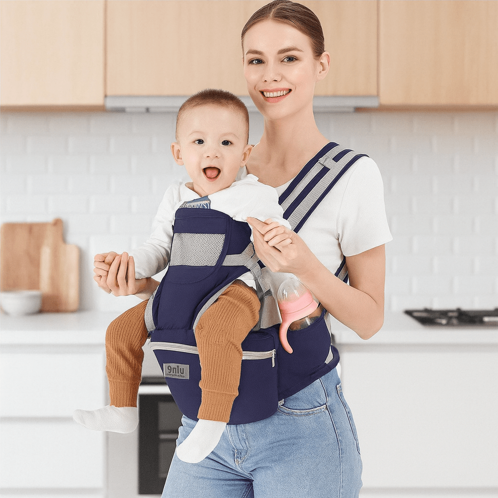porte-bebe-bleu-ergonomique-ajustement-posture-balades-voyage-avec-bébé