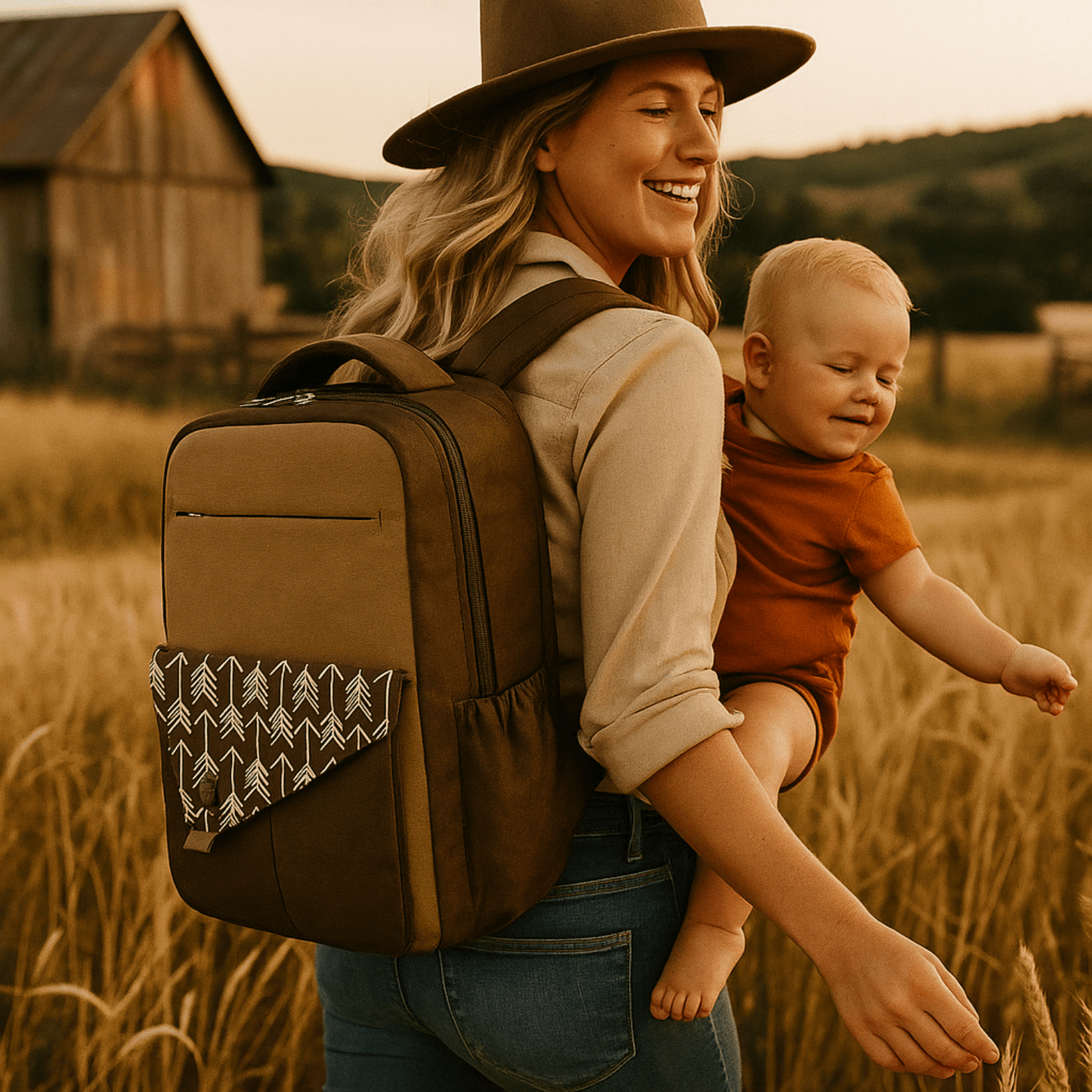sac-a-langer-brun-rodeo-famille-bebe-campagne-nature-sac-a-dos-a-langer-accessoire-sortie-balade-avec-bébé-joie-de-bebe
